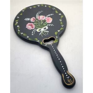 MIRROR-HAND HELD VANITY-Hand Painted-Gray-Floral-Leaves-Heart